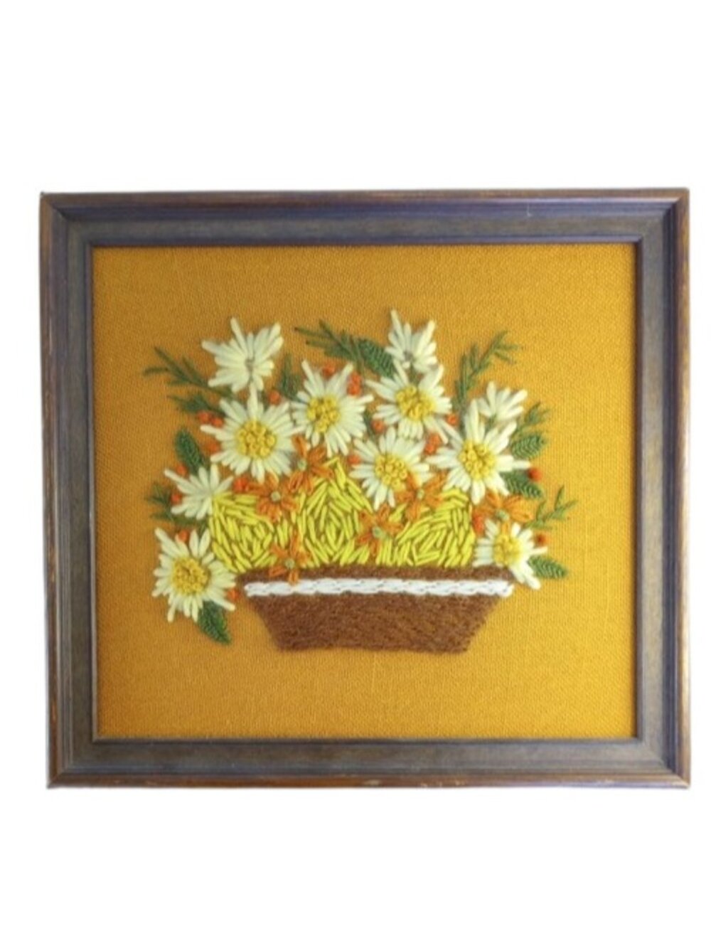 Handmade Edelweis Flower Pot Embroidery Wall Hanging Framed Yarn Cloth Vintage